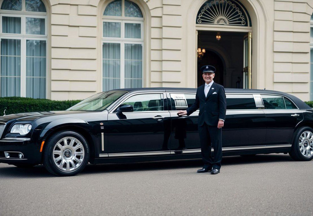 A luxurious limousine parked in front of an elegant building, with a chauffeur standing by the open door, ready to assist passengers