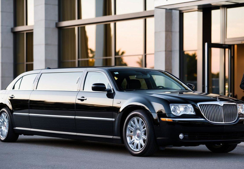 A sleek black limousine parked in front of a luxury hotel, with a chauffeur standing by the open door, ready to assist passengers