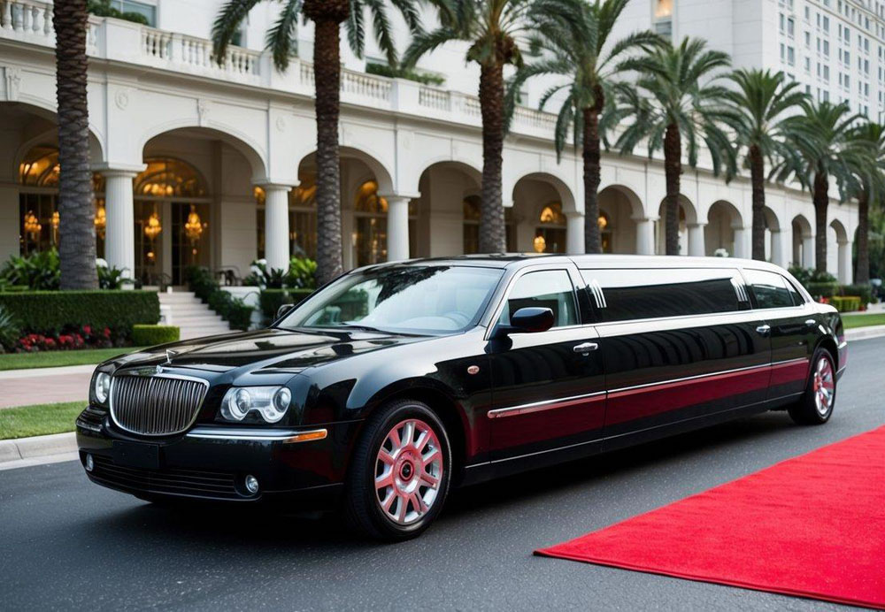 A sleek, black limousine parked outside a grand hotel, surrounded by a red carpet and a line of elegant palm trees