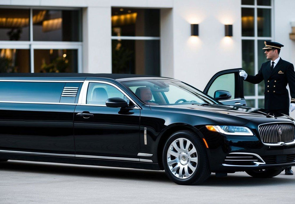 A sleek, black limousine parked outside a luxury hotel, with a uniformed chauffeur holding the door open for a passenger