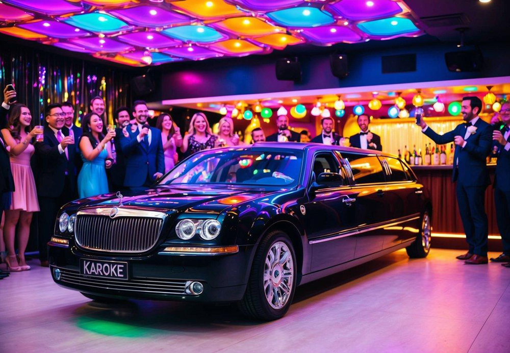 A luxurious limousine pulls up to a vibrant karaoke bar, surrounded by colorful lights and celebrating guests