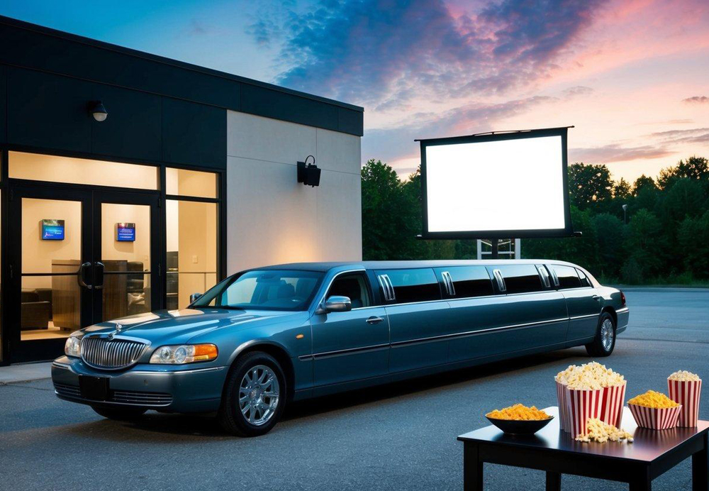 A limo parked outside a movie theater, with a projector screen set up on the side of the vehicle. Popcorn and snacks are spread out on a table inside