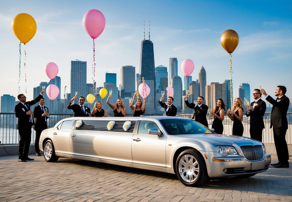 A sleek limo parked outside a city skyline, balloons and streamers decorating the interior. A group of friends cheer with champagne glasses in hand