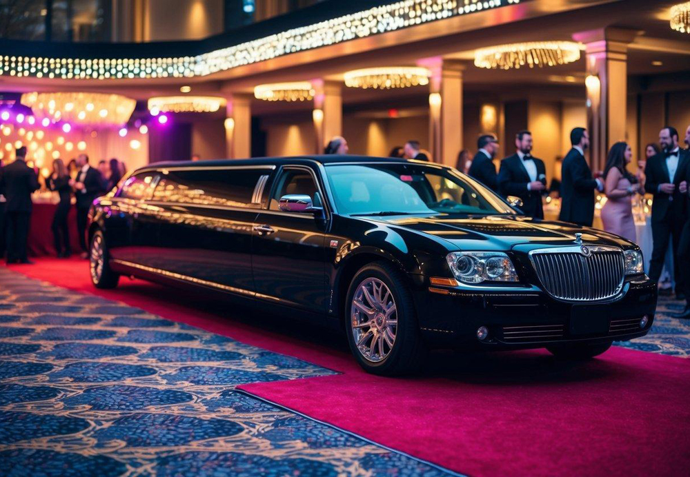 A sleek black limousine pulls up to a grand casino-themed party, adorned with flashing lights and a red carpet entrance