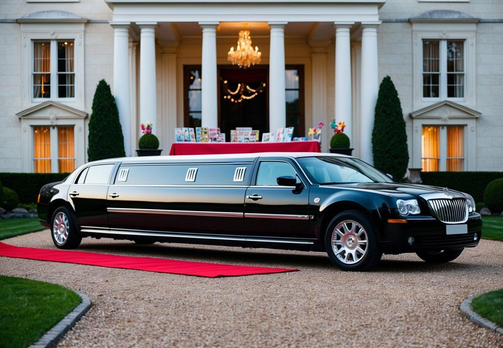 A luxurious limousine parked outside a grand mansion, with a red carpet leading to the entrance. A table inside is set with board games and decorations for a birthday party