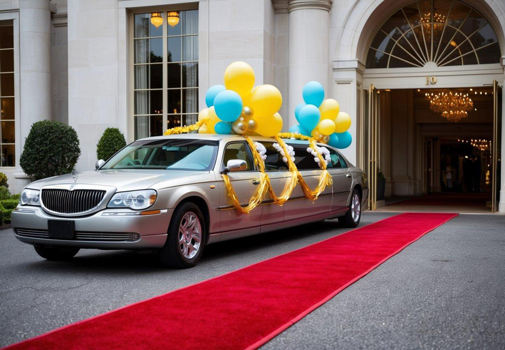 A luxurious limo decorated with balloons and streamers, parked outside a grand venue with a red carpet leading to the entrance