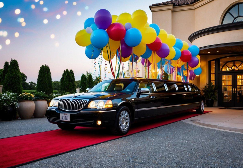 A limo adorned with colorful balloons, streamers, and twinkling lights, parked outside a luxurious venue with a red carpet leading to the entrance