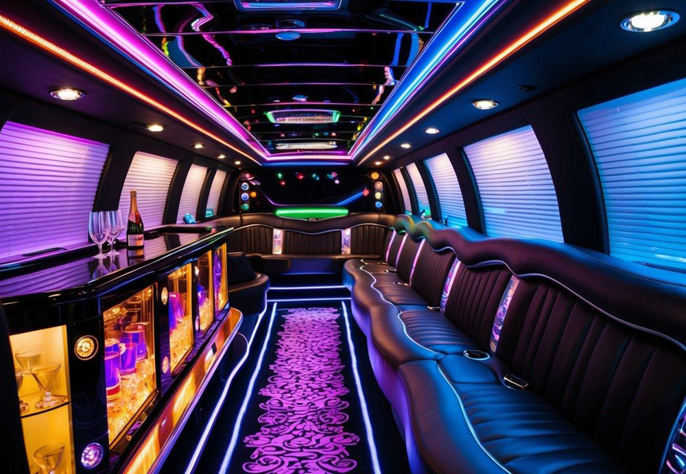 A luxurious limo interior with a built-in bar, colorful LED lighting, a state-of-the-art sound system, and a spacious seating area for a birthday celebration