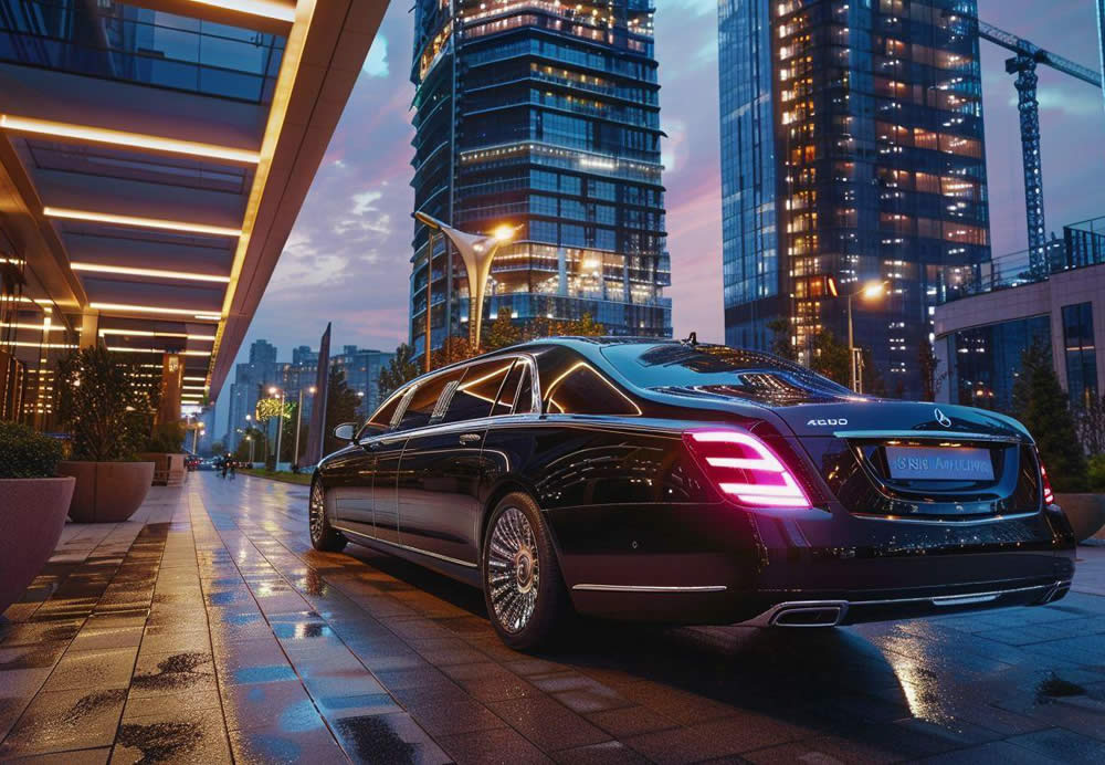 A black limousine parked on a wet street