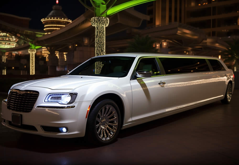 A white limousine parked in front of a building