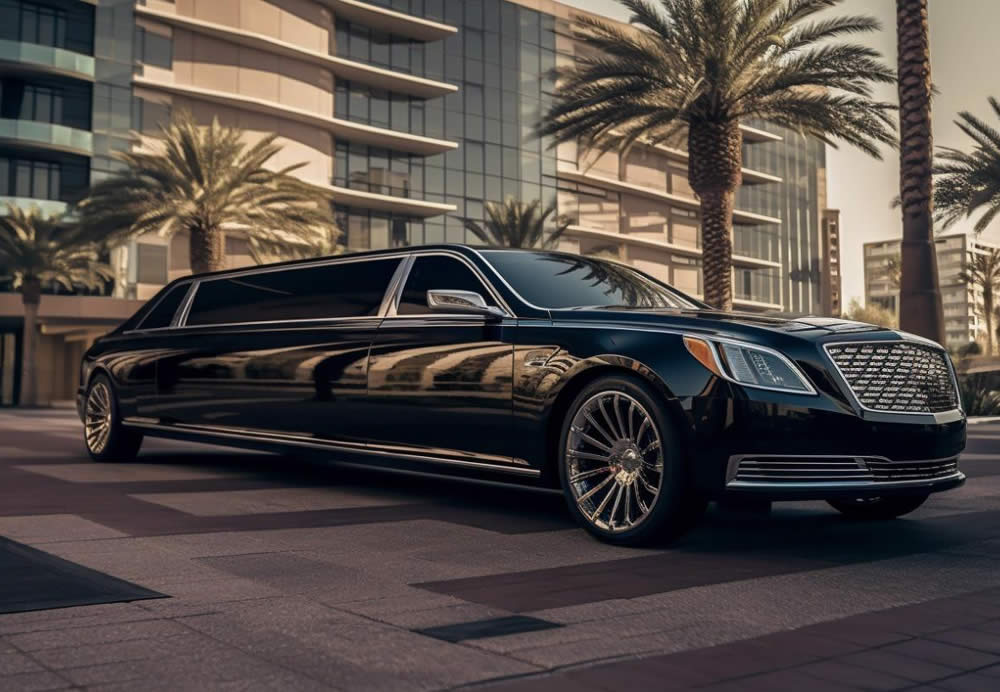 A black limousine parked in front of a building sourounded by palm trees