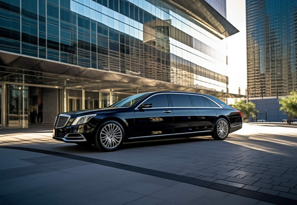 A black limo is standing in front of a skyscraper