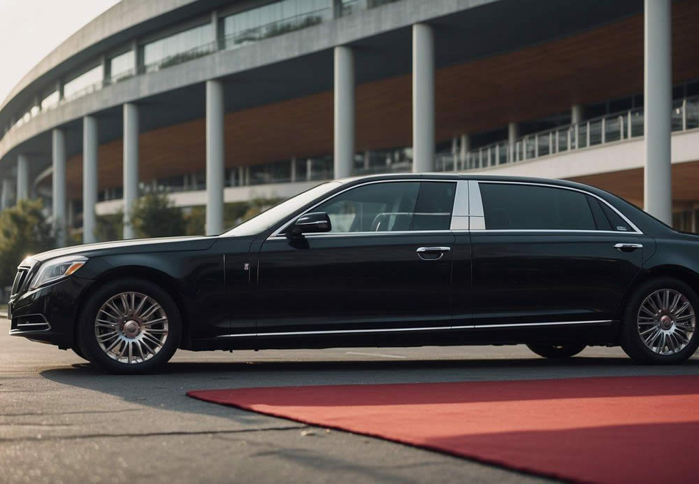 A black limo is standing in front of a stadium