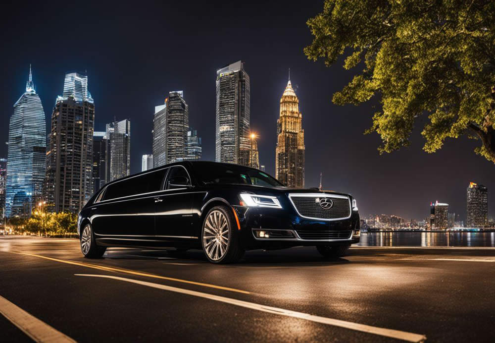 A limo parked on the side of a road with a city skyline in the background