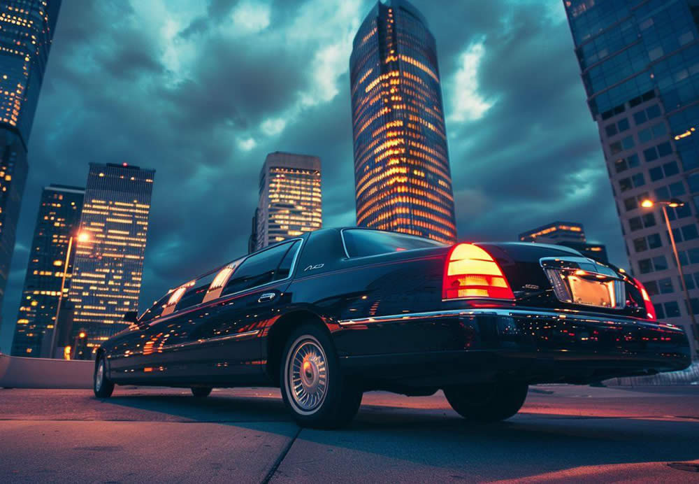 A limo parked in front of a city