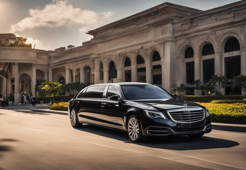 A black limousine parked in front of a building