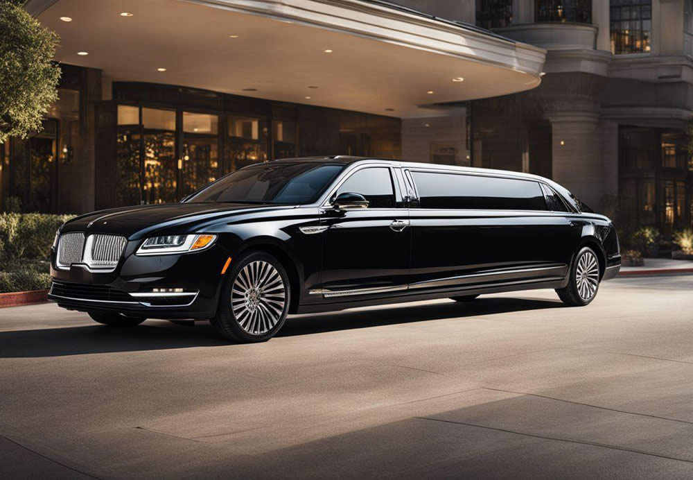 A black limousine parked in front of a building