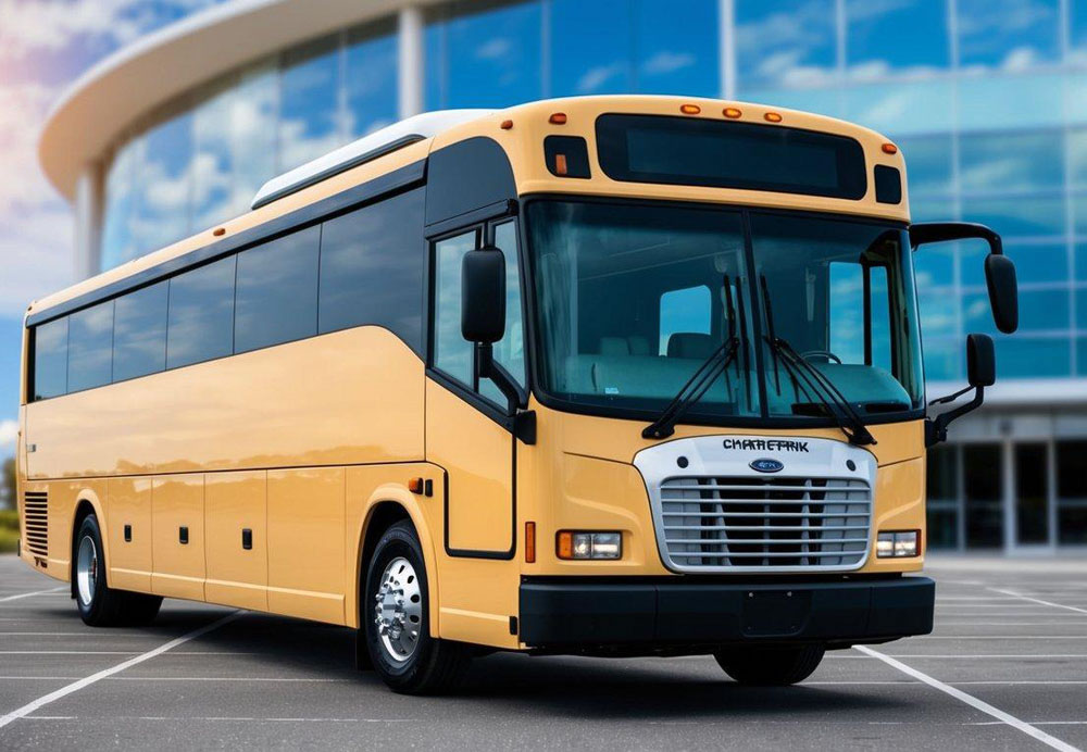 A charter bus parked outside a convention center, with a spacious interior and amenities such as comfortable seating, overhead storage, and a restroom