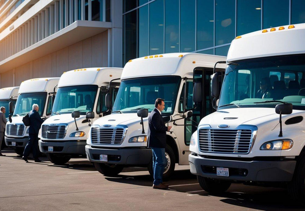 A line of charter buses parked outside a convention center in Phoenix, Arizona, with passengers boarding and unloading