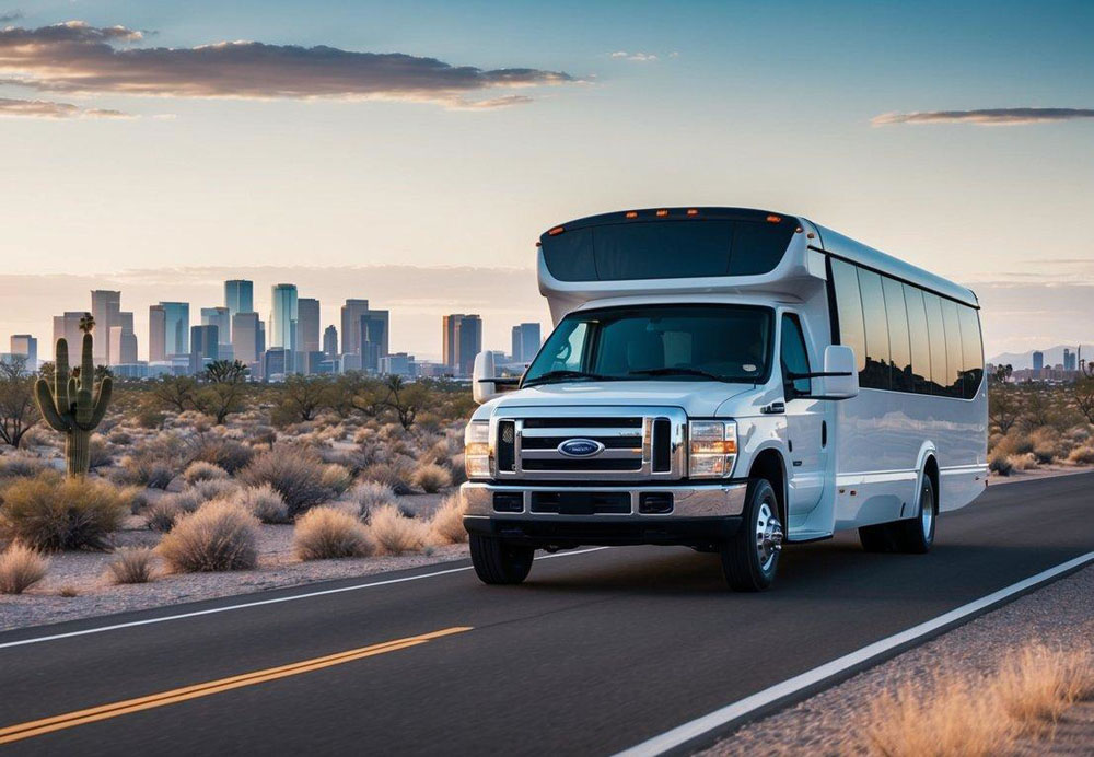 A charter bus driving through the scenic desert landscape of Phoenix, Arizona, with the city skyline in the background