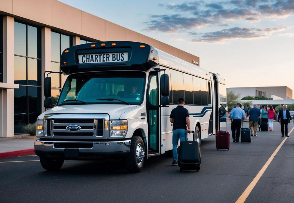 A charter bus parked outside a convention center in Phoenix, Arizona, with a line of people boarding and unloading luggage