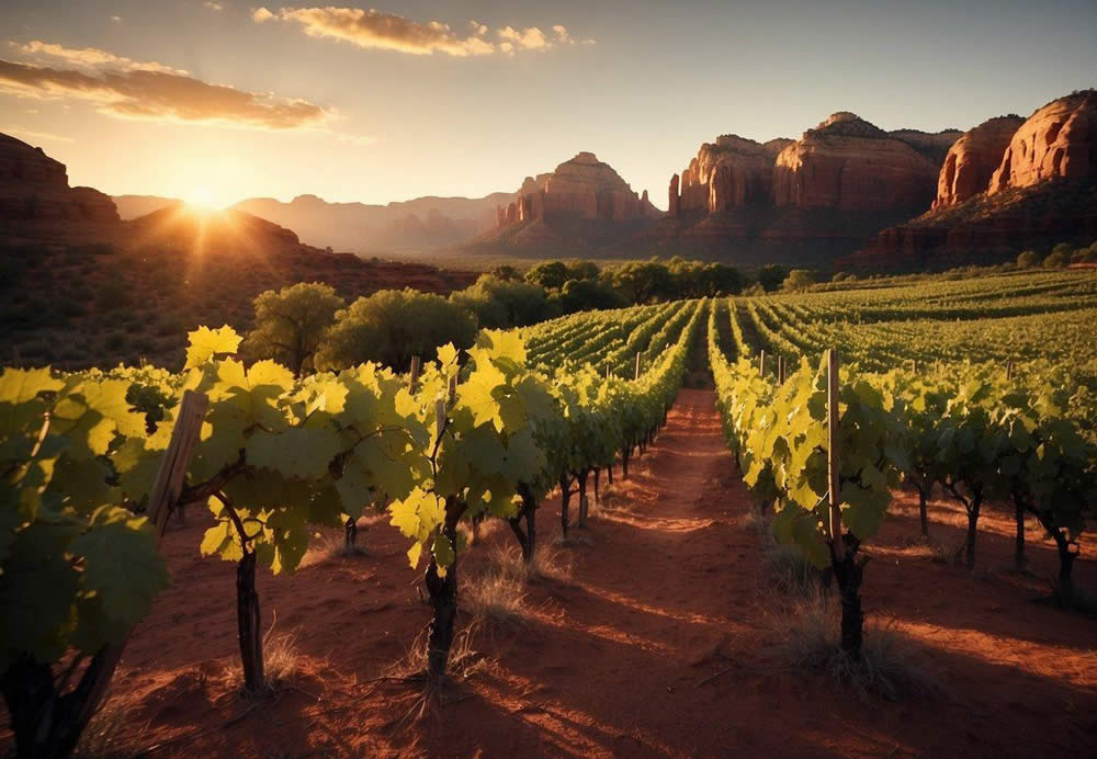 A group of wine enthusiasts explore lush vineyards in Sedona, Arizona. The sun sets over the red rock landscape as they sample exquisite wines on a luxury tour