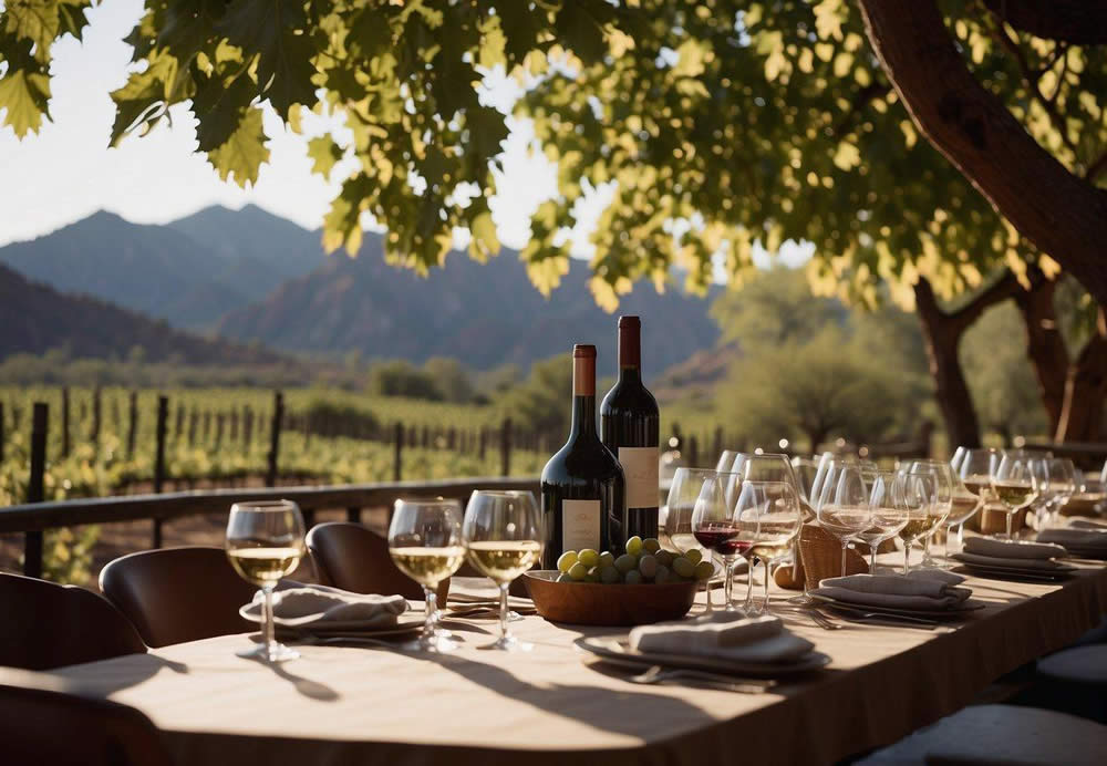 A luxurious wine tour through the scenic landscape of Phoenix and Sedona, with vineyards, rolling hills, and a serene ambiance