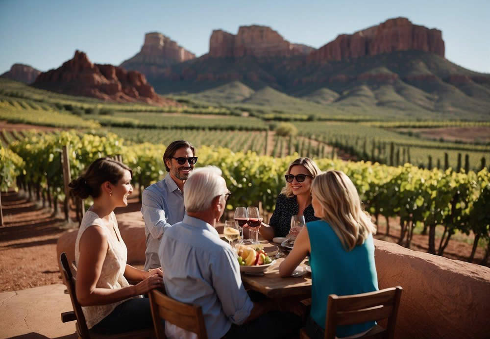 Guests sipping wine in a luxurious setting, surrounded by picturesque vineyards and red rock formations. A tour guide shares knowledge about Arizona's finest wines
