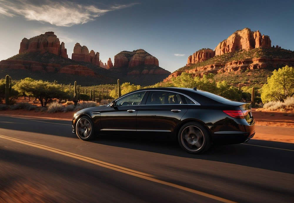 A sleek, black luxury vehicle winds through the picturesque red rock landscape of Sedona, Arizona. The sun sets behind the mountains as the vehicle arrives at a prestigious winery for a private tour