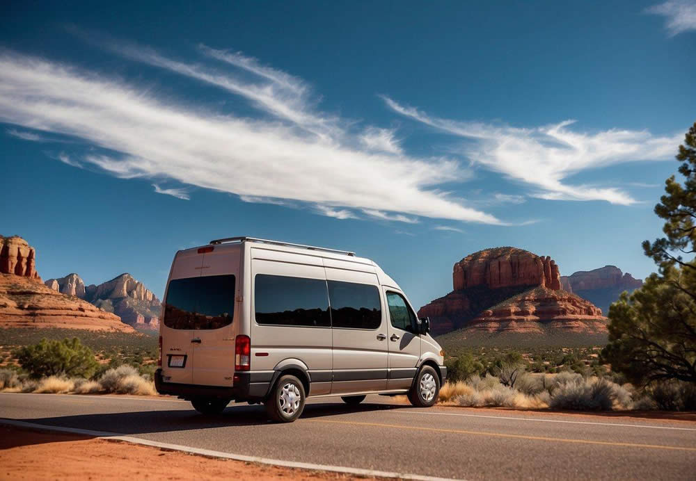 A luxury wine tour van drives through the scenic desert landscape of Sedona, with red rock formations in the background and a clear blue sky above